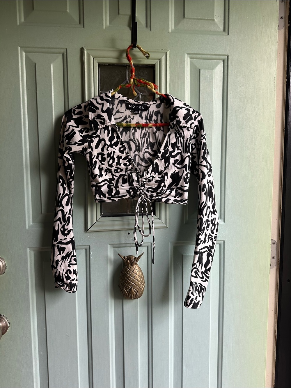 Motel Rocks Black & White Ruched Tie-Front Crop Top